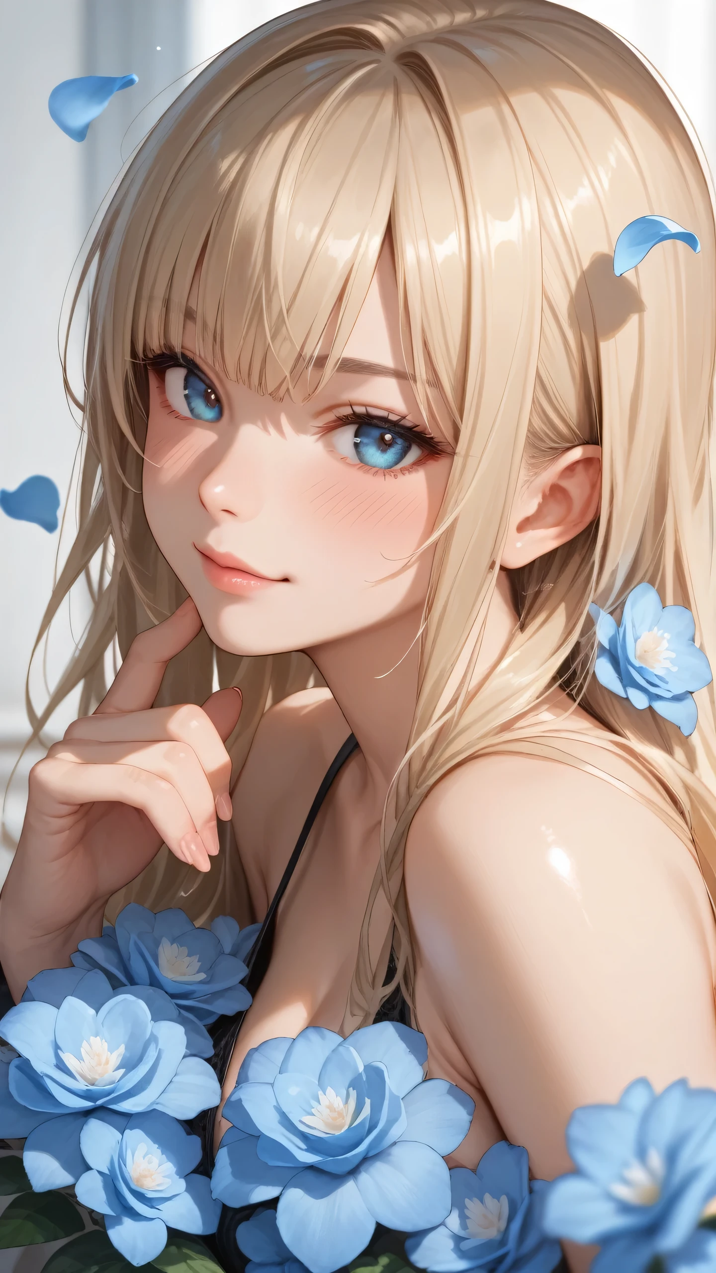 score_9, score_8_up, score_7_up, Girl's profile picture, black long hair with bangs, light blue petals on cheeks, skin texture, detailed picture, halfbody, looking at viewer, blush 