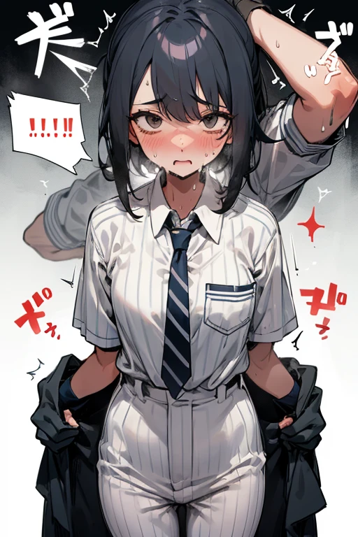 (SFW), (Masterpiece: 1.2), Best Quality, Masterpiece, High Definition, Original, Very Detailed Wallpaper, (Super Detail), (Best Illustration), (Best Shadow), (Best Shadow), (Realism), Small, Perky, School Swimsuit, Mad Face, Yandere, Sweating, Crying, Blushing, Black Derby Tie, White Collared Shirt (Brown Eyes), 25 years old, (Peace Sign), Open Crotch, open legs, whole body, scary, fear, tears, runny nose, snot