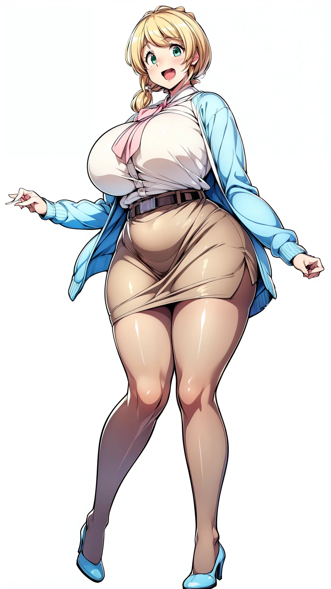 (Highly detailed CG,Highest quality,8k, masterpiece: 1.3),Super Detail, Ultra-high resolution, ((simple white background)), Ellen Baker,girl(teacher),2,Green Eye,Delicate eyes, hair(blonde,Loose Side Tail), skin(shiny, oily), (White transparent blouse),(Light blue cardigan), (light brown skirt), (ultra-short skirt), (Cute pink panty), (thin:1.4), (long legs:1.4), (huge breasts, bursting breast), (narrow waist:1.4), (wide hips), (thick thighs, voluptuous thighs), smile, open mouth, ((dark brown pantyhose)), (from side:0.8), ((full body, feet, pumps)), ((thighs focus)),