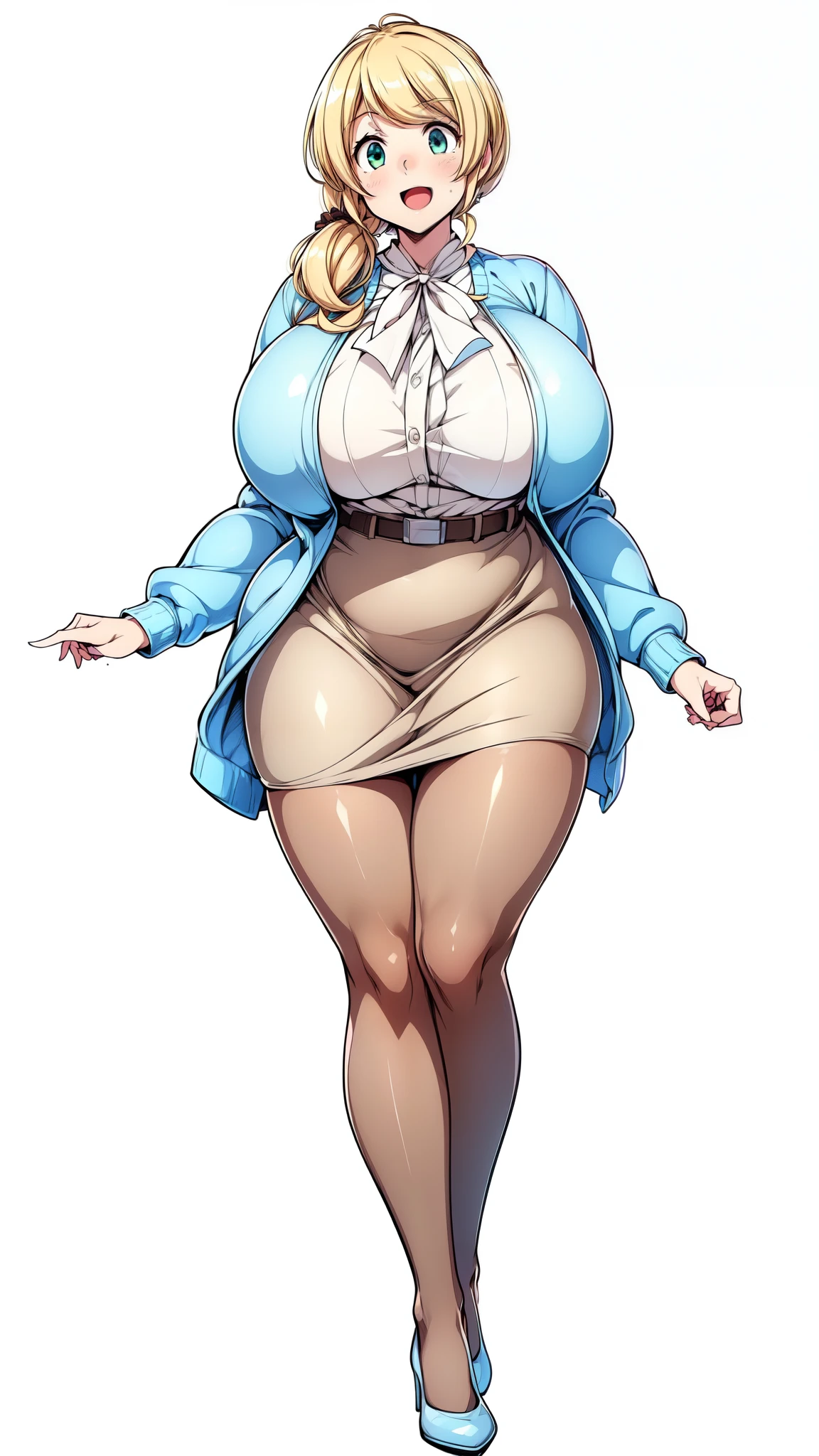 (Highly detailed CG,Highest quality,8k, masterpiece: 1.3),Super Detail, Ultra-high resolution, ((simple white background)), Ellen Baker,girl(teacher),2,Green Eye,Delicate eyes, hair(blonde,Loose Side Tail), skin(shiny, oily), (White transparent blouse),(Light blue cardigan), (light brown skirt), (ultra-short skirt), (Cute pink panty), (thin:1.4), (long legs:1.4), (huge breasts, bursting breast), (narrow waist:1.4), (wide hips), (thick thighs, voluptuous thighs), smile, open mouth, ((dark brown pantyhose)), (from side:0.8), ((full body, feet, pumps)), ((thighs focus)),