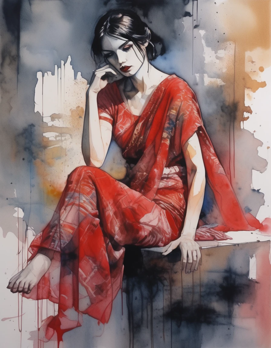 art style by Bill Sienkiewicz , goddess fashion pose, sitting, beautiful women looking in front, zoom view, high details in the acrylic painting red and gold saree and red blouse, with simple patterns, watercolour painting, background dark, high realistic details in the painting 