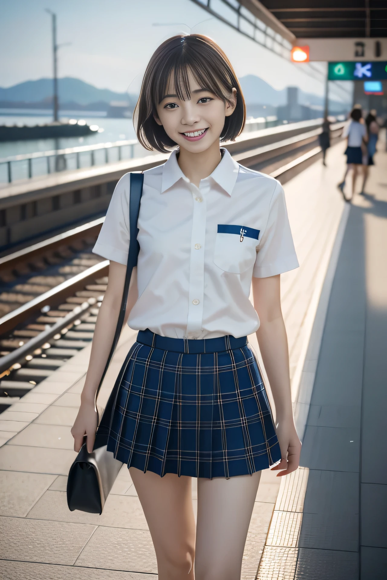 photorealistic, extremely delicate and beautiful, ultra-detailed, (best quality, 8k, 32k, masterpiece, UHD:1.2), SIGMA 35mm F22, ISO 400, Photo of yo pretty Japanese girl walking in train station platform, JK school uniform, short sleeves, ribbon, blue plaid pleated miniskirt, short hair, grin, teeth, station platform with sea view,