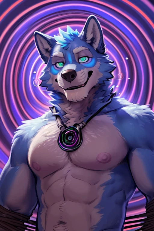 (((light blue fur wolf, nijimale ,massive bulge, ((Uploaded on furaffinity:1.5), (uploaded on e621:1.5), ((detailed background)), (happy, wide eyes, cute), [realistic proportions], [explict content], [sharp focus],  (shaded), ((masterpiece)), high quality, digital art, drawing, HD 4k, dreamlikeart, lens flare, upper body, looking at viewer, ((Hypnosis)), ((Being hypnotized:1.75)), (Hypnotic Spiral eyes), (Hypnotic spiral background), ((bondage:1.75), (solo portrait:2), looking at the viewer close to the viewer,big muscles , mature male, bara, male focus, muscular male, muscular,massive bulge, by takemoto Arashi, no shirt, no pants, muscular toned, muscles, really really huge abs, massive bulge))), big chest, day, , sensual, detailed, uploaded to e621, beautiful and detailed of an anthropomorphic , (((male))) uploaded to e621, zaush, foxovh, movie lighting, thicc, alone, movie cover, detailed, 8k res, hires, detailed eyes, good anatomy, good perspective, towards viewer, by bebebebebe, by sicklyhypnos, by gerkk, by orf, nice hands, perfect hands, happy, romantic, ray tracing lighting, rtx on