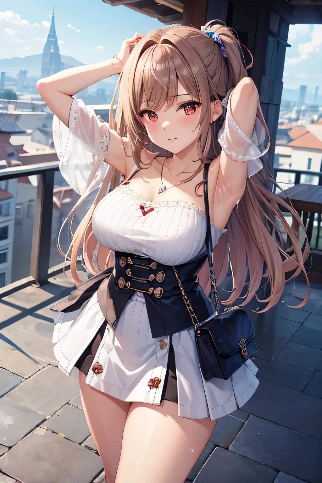 game , Goddess of Victory nods, neat , light brown hair,  captivating eyes ,beautiful face , Crystal Red Eyes ,  long hair , Korean style ruffle blouse with off shoulder top , blue , split, necklace,White color solid ribbed knit pencil skirt ,Selfie Wind, 1pcs hand bag,,G-cup breasts, slim waist, Alluring thighs, Five fingers on each hand, Two hands ,two legs , in town, date, standing, beautiful, high heel, blur, elegy, My clothes are wet, see through, Hiding under the roof, Puffing, blushing, Place one hand behind your head, armpit 보이게, armpit