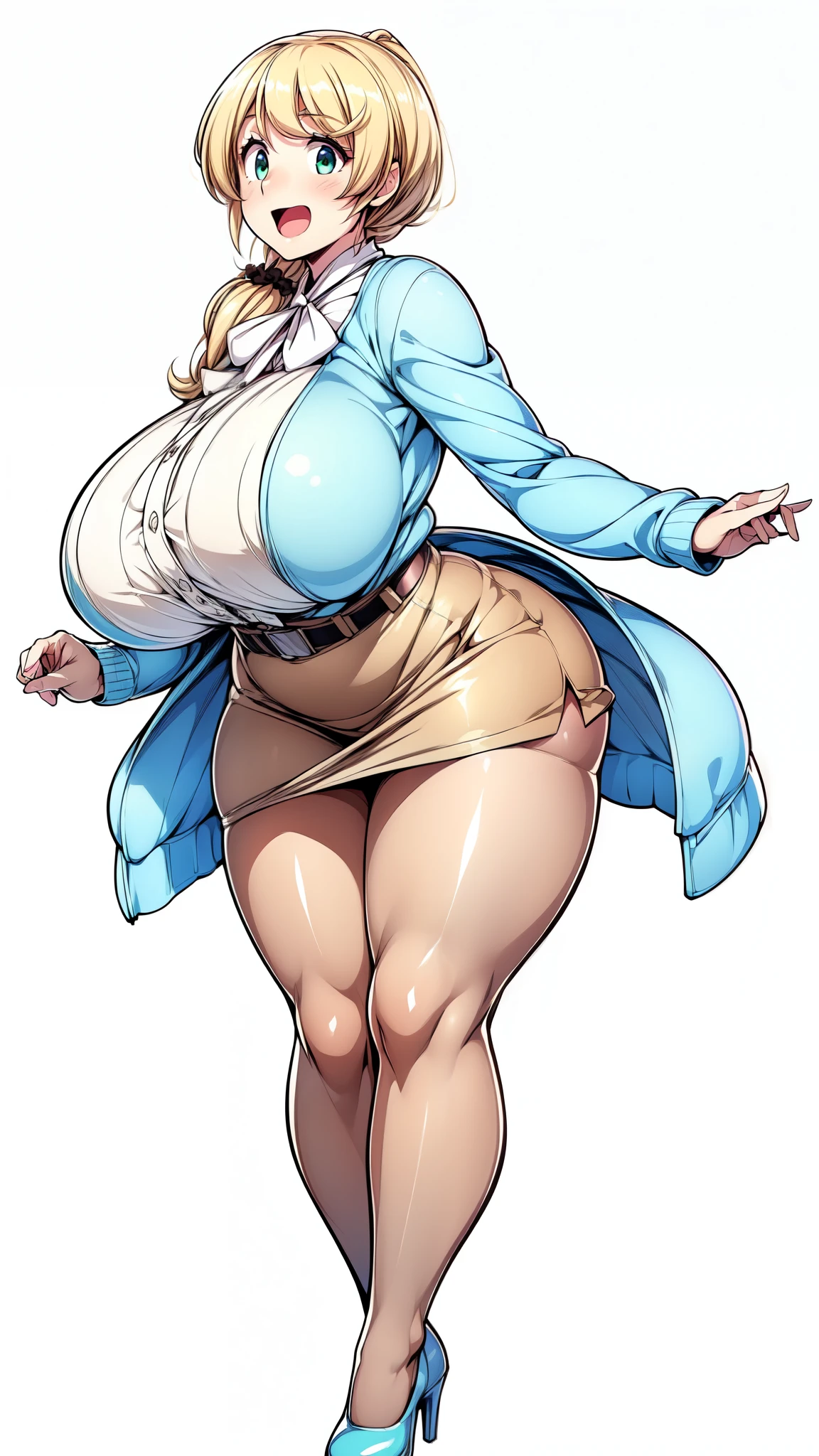 (Highly detailed CG,Highest quality,8k, masterpiece: 1.3),Super Detail, Ultra-high resolution, ((simple white background)), Ellen Baker,girl(teacher),2,Green Eye,Delicate eyes, hair(blonde,Loose Side Tail), skin(shiny, oily), (White transparent blouse),(Light blue cardigan), (light brown skirt), (ultra-short skirt), (Cute pink panty), (thin:1.4), (long legs:1.4), (huge breasts, bursting breast), (narrow waist:1.4), (wide hips), (thick thighs, voluptuous thighs), smile, open mouth, ((dark brown pantyhose)), (from side:0.8), ((full body, feet, pumps)), ((thighs focus)),