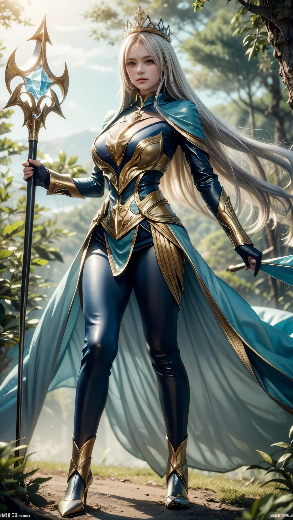 In a pleasant forest, women full body, legs thick, hips. wearing a blue suit of paladin powers, futurist. Armadura templária com detaileds de ouro fino, A goddess with long white hair, ultra detailed eyes, gold Crown, holding a staff with large glowing crystal at the tip of the glowing staff, detaileds: 1.2) 4K ultra-HD, slr digital, soft lighting, high qualiy