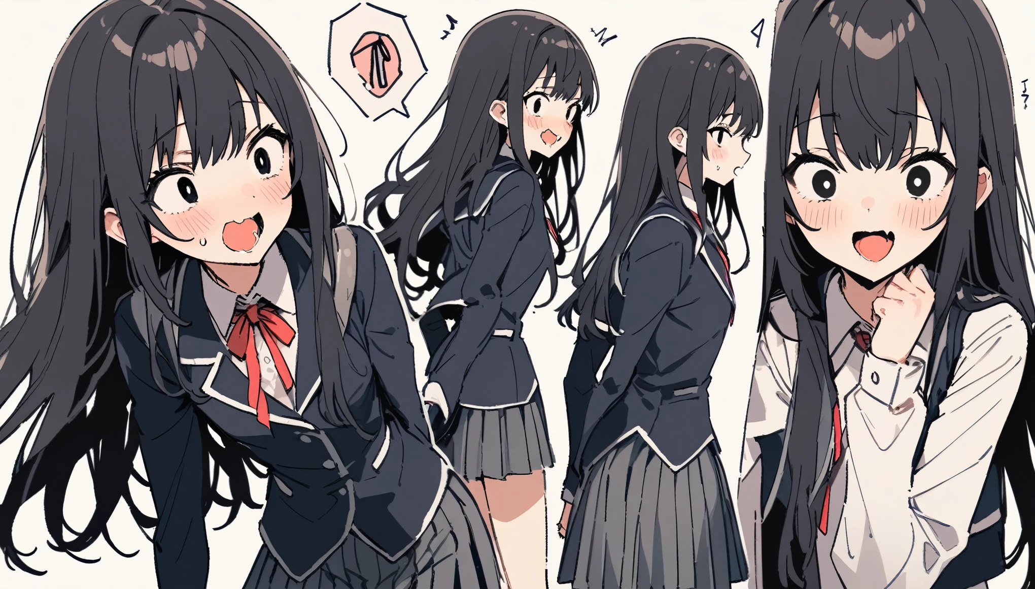 a skinny high schoolgirl in a uniform, black straight long hair, black eyes, slim, small breasts, ahegao expression, masterpiece, super detailed, attention to detail, high quality, highest quality, high resolution