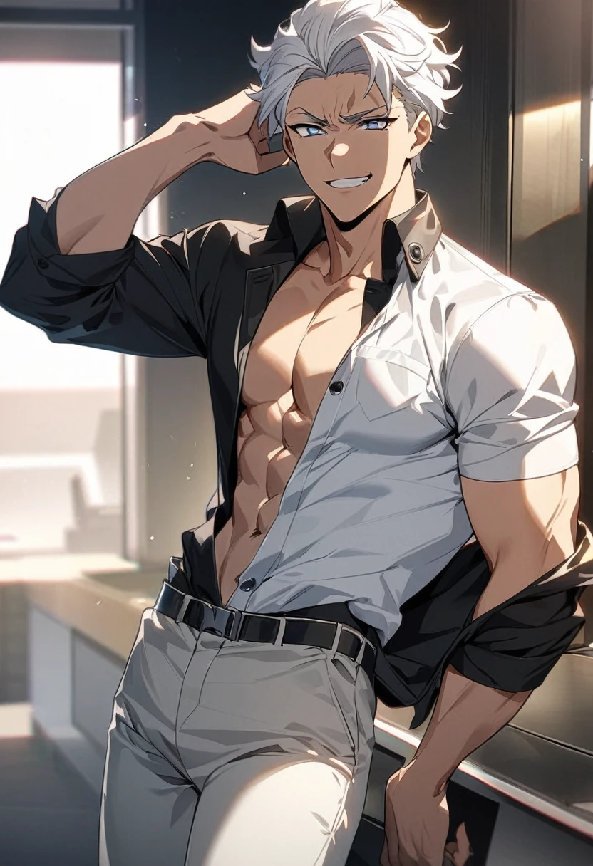 (best quality) (more beautiful, Body), (detaliert); anime man, Korean hairstyle, White hair, mischievous grin, furrowed brow, mystical glances, (grey dream eyes), shirt open, Six-pack, pants black, one hand in the trouser pocket, other hand behind the head