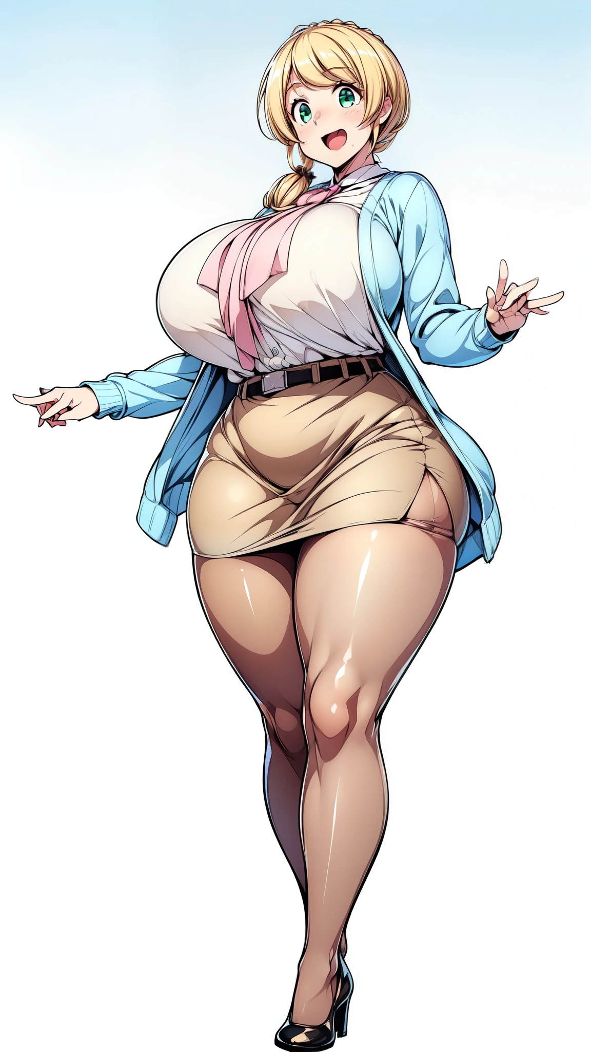 (Highly detailed CG,Highest quality,8k, masterpiece: 1.3),Super Detail, Ultra-high resolution, ((simple white background)), Ellen Baker,girl(teacher),2,Green Eye,Delicate eyes, hair(blonde,Loose Side Tail), skin(shiny, oily), (White transparent blouse),(Light blue cardigan), (light brown skirt), (ultra-short skirt), (Cute pink panty), (thin:1.4), (long legs:1.4), (huge breasts, bursting breast), (narrow waist:1.4), (wide hips), (thick thighs, voluptuous thighs), smile, open mouth, ((deep brown pantyhose)), (from side:0.8), ((full body, feet, pumps)), ((thighs focus)),