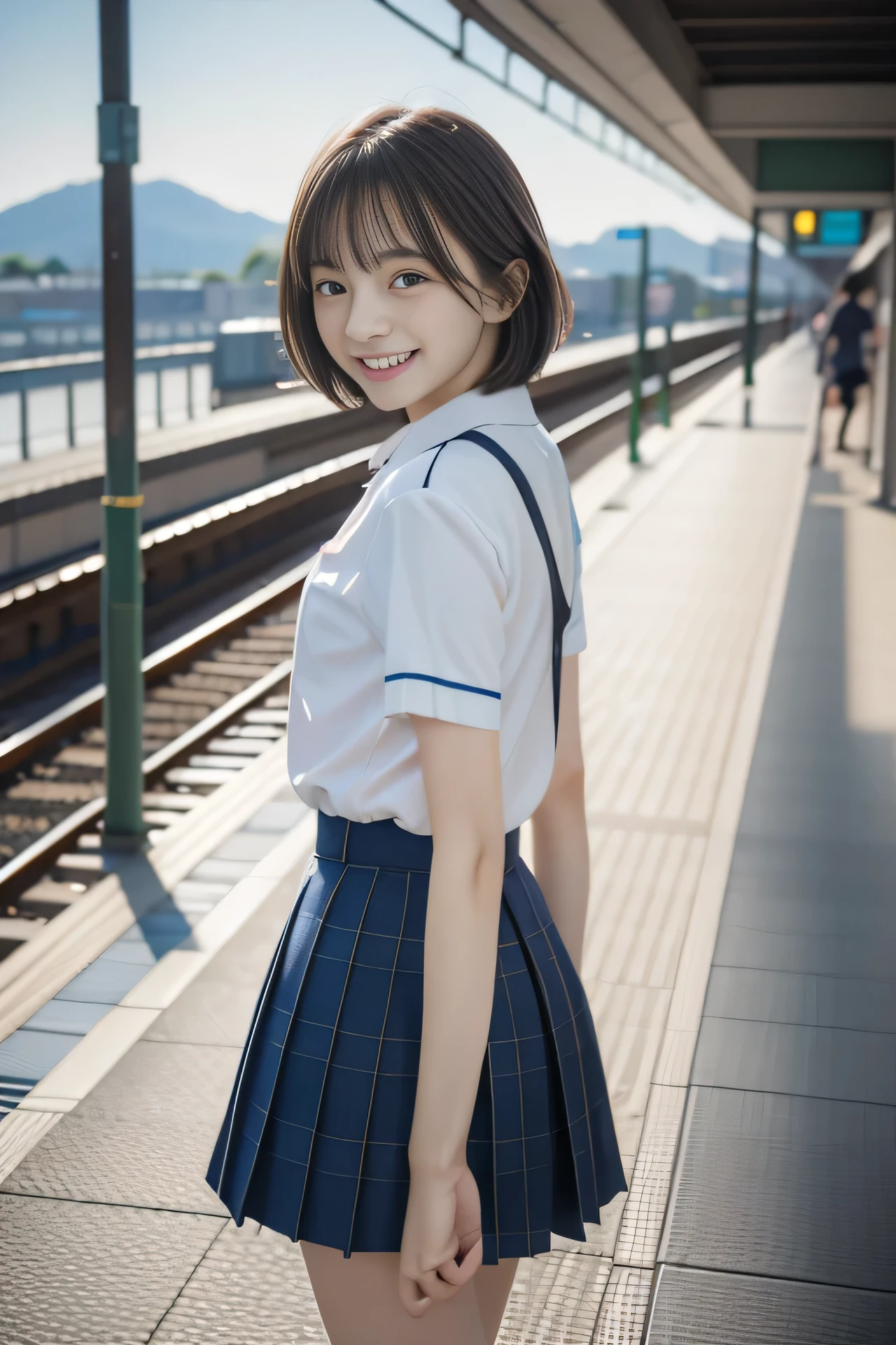 photorealistic, extremely delicate and beautiful, ultra-detailed, (best quality, 8k, 32k, masterpiece, UHD:1.2), SIGMA 35mm F22, ISO 400, Photo of 17yo pretty Japanese girl walking in train station platform, JK school uniform, short sleeves, ribbon, blue plaid pleated miniskirt, short hair, grin, teeth, station platform with sea view, looking back form side,