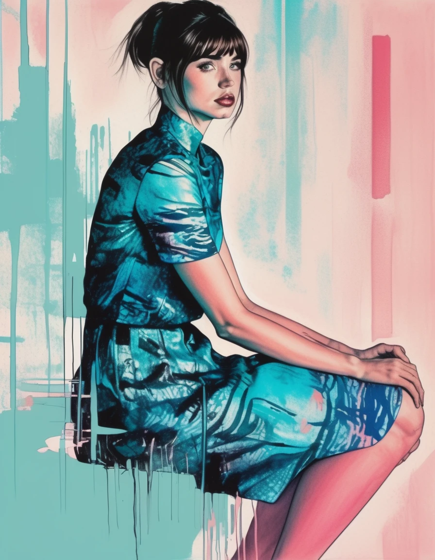 art style by Bill Sienkiewicz , goddess fashion pose, sitting, beautiful women looking in front, zoom view, high details in the acrylic painting, with simple patterns, watercolour painting, background dark, high realistic details in the painting, aqua blue dress, face beautiful bangs