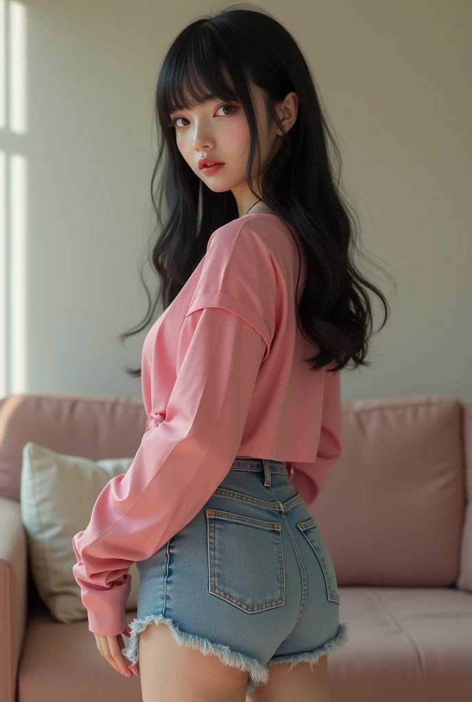 A beautiful Japanese university girl, shirt open, innocent, (sensual) wearing her school uniform, back view, scandalous pose, erotic,showing her chest, mini skirt, beautiful body, red hair, rebel, detailed, intrincated detailed, 8k, hyperdetailed, digital art.