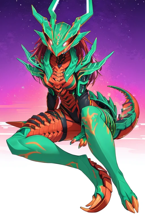 Female with red and green hot insect shell、Guyver Style、evil smile、(​masterpiece, :1.3),(top-quality:1.4)、tail、Cel Shade Adult Animation、Alien Queen、Full Body Art