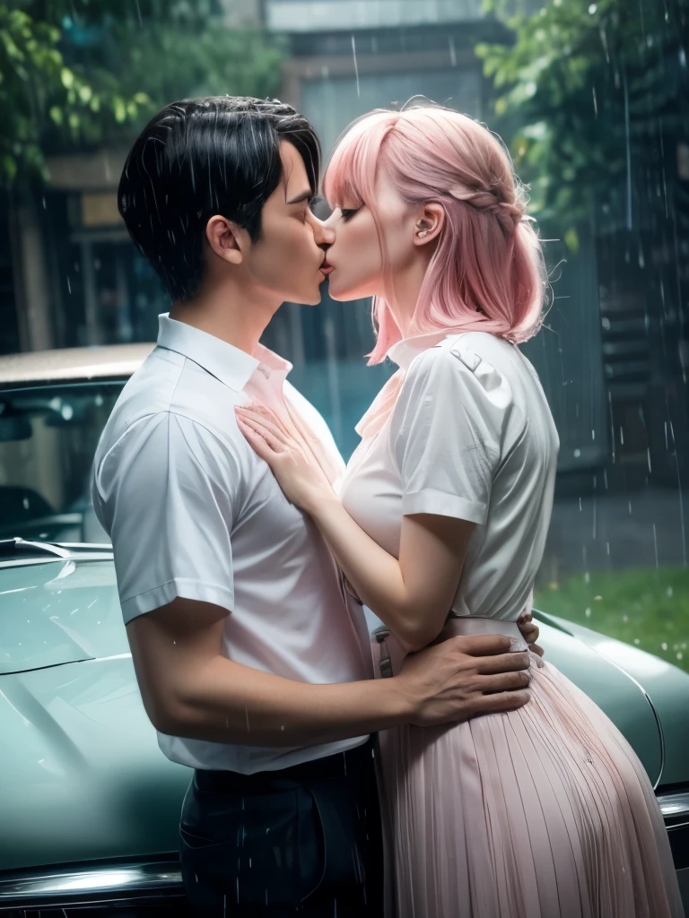 (nsfw), Big Breasts, beautiful girl, masterpiece, Highest quality, Very detailed, figure, Beautiful attention to detail, close, With boys and girls. She had pink hair, White pleated shirt, The button on the chest is broken, skirt. The boy has black hair, Black suit, Black trousers. Kissing in the car, Heavy rain weather