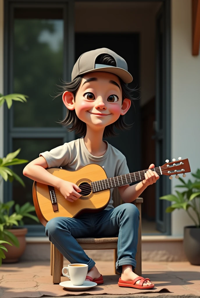 menino , cabelo preto liso, olhos pequenos, olhos negros, pele clara, estilo disney, Pixar, tocando um violino, corpo inteiro, fofo, sorridente, camisa azul com desenho, Denim Jeans Pants, tenis preto, Motor irreal, circunstanciado, Ultra high definition, 8k, - -q 1 - -v 4 --auto