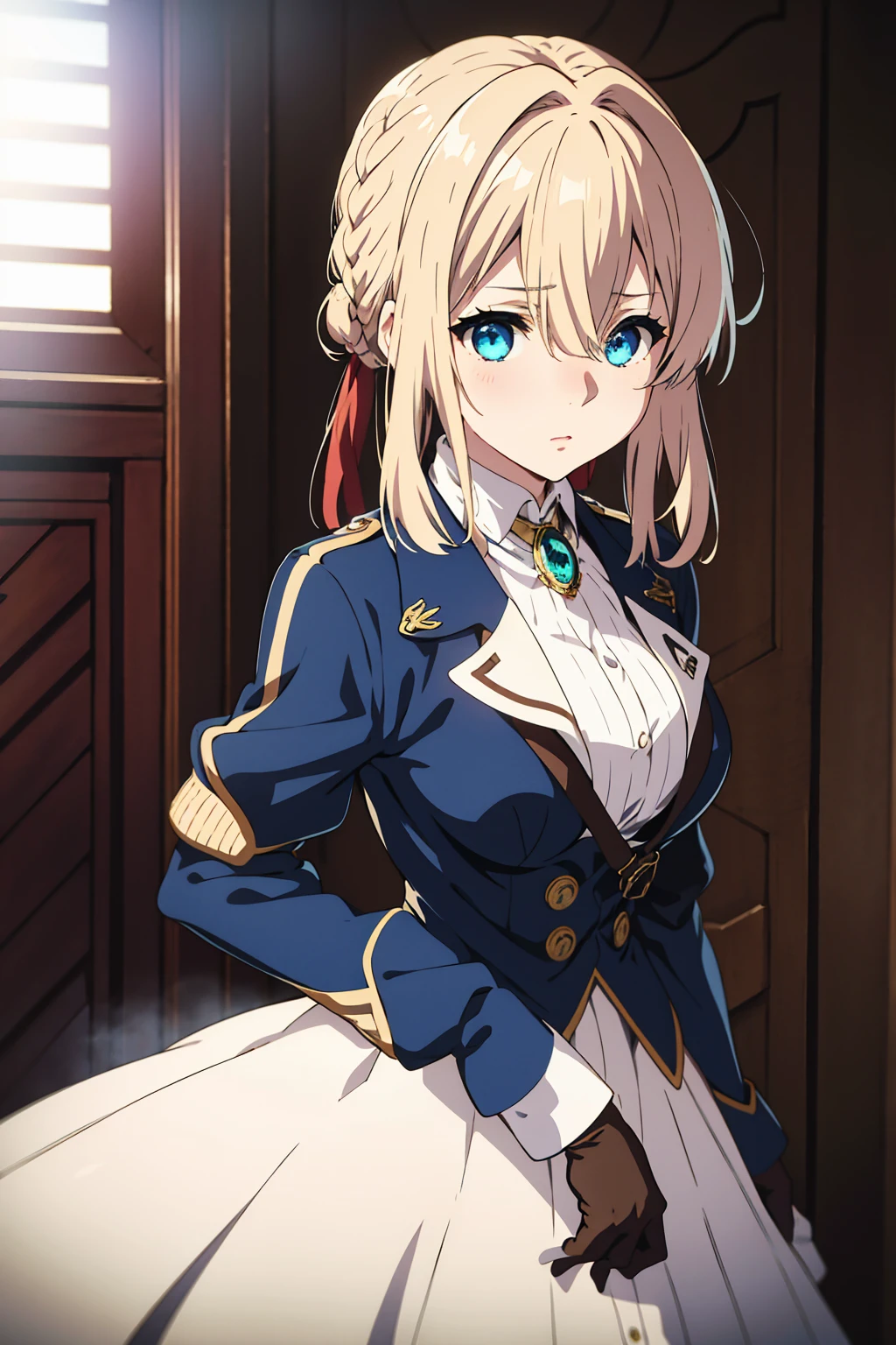 slender, mature female,rating:safe, 1girl, blue_eyes, hat, blonde_hair, breasts, solo, cleavage, dress, cape, looking_at_viewer, parted_bangs, staff, short_hair, white_headwear, white_dress, large_breasts, long_sleeves, bangs, indoors, standing, medium_breasts, holding_staff, closed_mouth, cowboy_shot, lips, capelet, eyebrows_visible_through_hair, holding, 