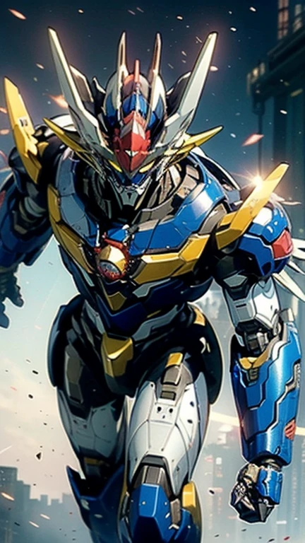 humanoid mech, Fully enclosed shoulder guards, Matching arm and leg guards, whole body, Full Armor, Super Robot, A design that combines solidity and agility, (The color scheme is mainly white.、Comes with red and blue accents。, the concept Inspired by Super Robot, Lion concept chest armor, Pause, Are standing, Floating above a futuristic sci-fi city), Exquisite and mature art style, (Aura effect, energy, Glowing Eyes, The armor shines), ((ＳＲＳ)), metallic, dramatic, High resolution, Highest quality, High resolution, Very detailed, Ultra-fine painting, Very delicate, Professional, 完璧なボディProfessionalポーション, Anatomically correct, Symmetrical face, Very detailed目と顔, High quality eyes, creativity, RAW Photos, 超High resolution, 32K, Natural light, Cinema Lighting, masterpiece-anatomy-perfect, masterpiece:1.5