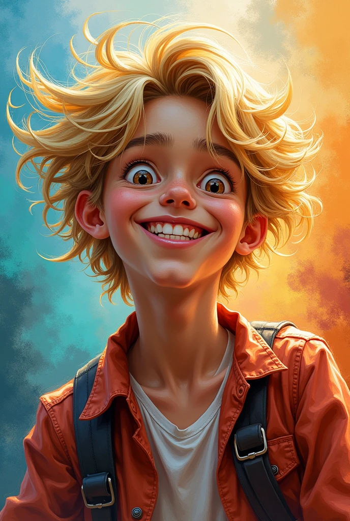 cheerful boy , Slightly curly blonde hair. boy against the backdrop of a fantasy forest. beautiful highlights. American comics style
