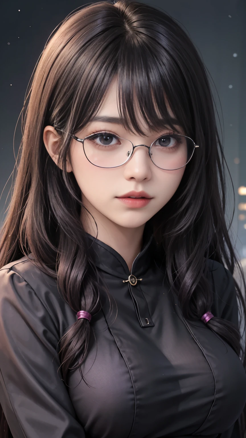 background(Black Night Sky,Big Moon),Woman close up,Wearing a white shirt、Purple Hair,Very long hair,very thick braids,Purple eyes,big 、((((Glasses))))、realistic girl rendering, 8k artistic german bokeh, Enchanting girl, Realistic girl, Gurwitz, Gurwitz-style artwork, Girl Roleplay, Realistic 3D style, cgstation Popular Topics,, 8K Portrait Rendering,(truth,truth:1.4),Wear pink pajamas,巨big ,Sparkling eyes,Purple eyes、(highest quality,4K,8k,High resolution,masterpiece:1.2),Very detailed,(Realistic,photoRealistic,photo-Realistic:1.37),Mythical monster,Beast-like creature,Muscular,Six big legs,Stand like a gorilla,Red fur covering the body,two big horns,Drill teeth,Sharp Claws,Huge shape,Burning Fire Magic,Energy aura,A threatening presence,Glowing Eyes,Intimidating posture,dark environment,Smoke-filled air,Ominous Shadow,Majestic and fierce,Explosive power,Vibrant colors,bold,Horror art style,Moving configuration,Dramatic lighting,Rib Layer,large sharp teeth,Sharp Edges,Very detailedスケール,Burning Crack,Burning Flames,Furious look,Burning with anger,Surrounded by sparks and embers), Scared, dark, spooky, Underwater mist liquid swirling cavity, highest quality, Front view, Satanic, 18 year old asian girl、Liu Wen, Shaved eyebrows, With big black ram horn, , A large snake with slimy tentacles wrapped around its shoulders. Moody and dramatic lighting, Lang Yun, storm, lightning, Smoke and Fog Environment, Fuzzy smoke background, Wide-angle shot, Wide-angle shot, elevation, Extreme angle shot, Vignette, Unrealistic Nightmare,