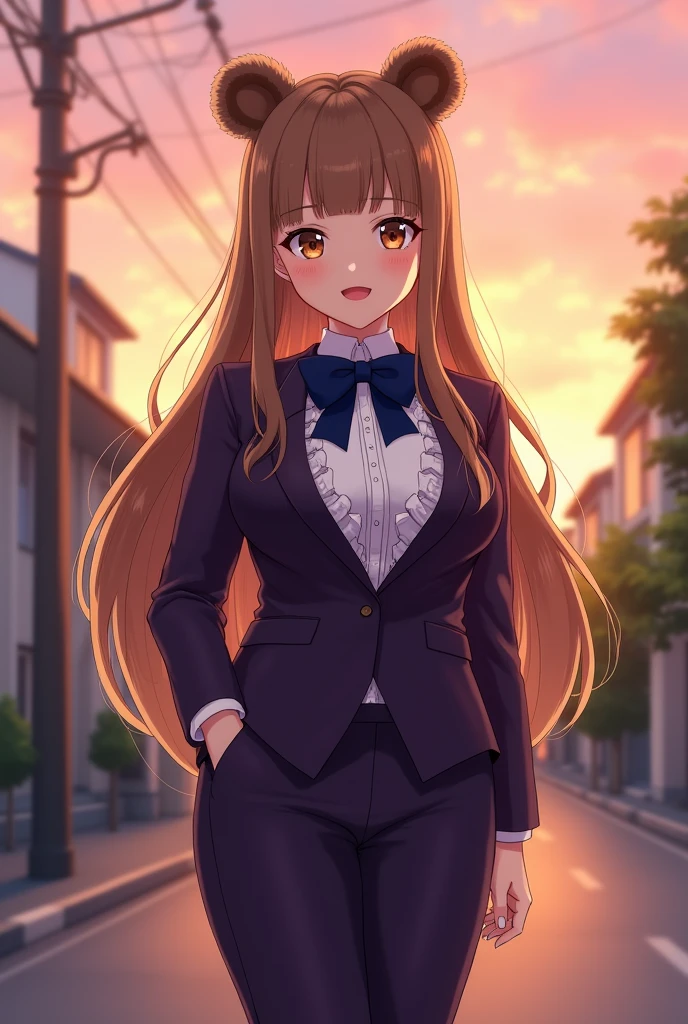(Highest quality)(1 woman,single,long hair,brown hair,blue eyes,sexy figure ,Black suit shirt,There was a small, luxurious silver crown on his head.,Turn to look at the viewer,background on tall buildings) look back