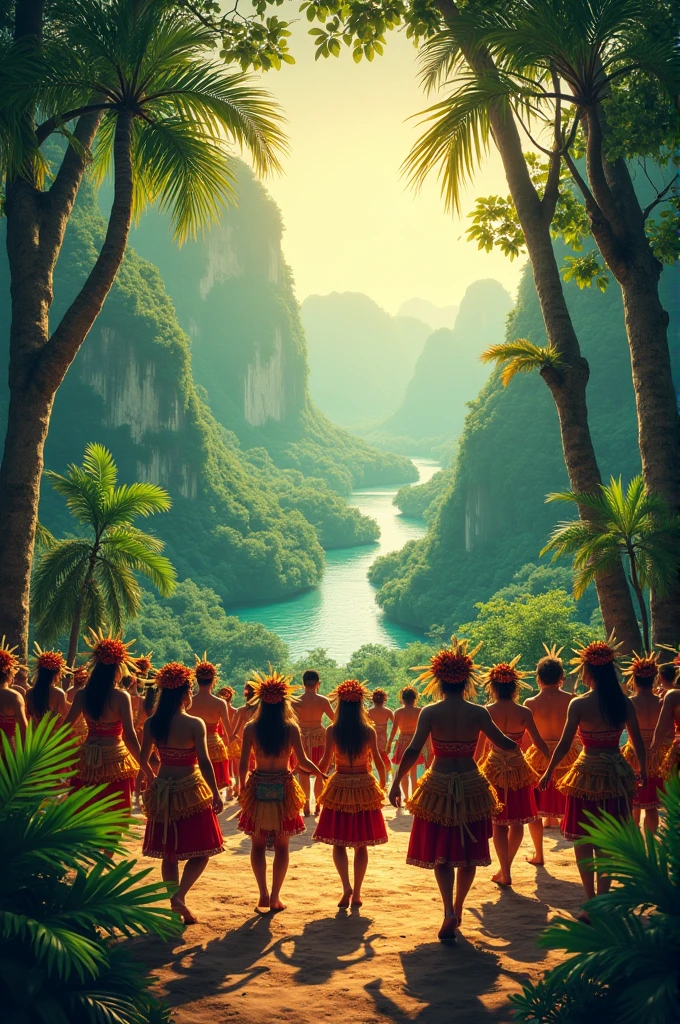 The image shows a group of indigenous people, likely from the Amazon region, in traditional dress dancing in a village square.