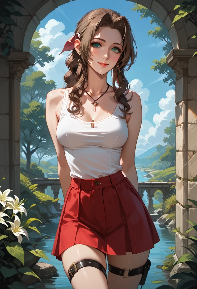 score_9, score_8_up, score_7_up, 1girl, solo, BREAK Aerith Gainsborough, 20 years old, tank top, hairclip, cross jewelry, suspender skirt, tall, skinny, narrow hips, BREAK seductive pose, thigh strap, arms behind back, medium breasts, affectionate gaze, light smile, BREAK (countryside crossroad:1.2), beautiful scene, highly detailed, detailed face, absurdres, 4k, masterpiece, best quality.