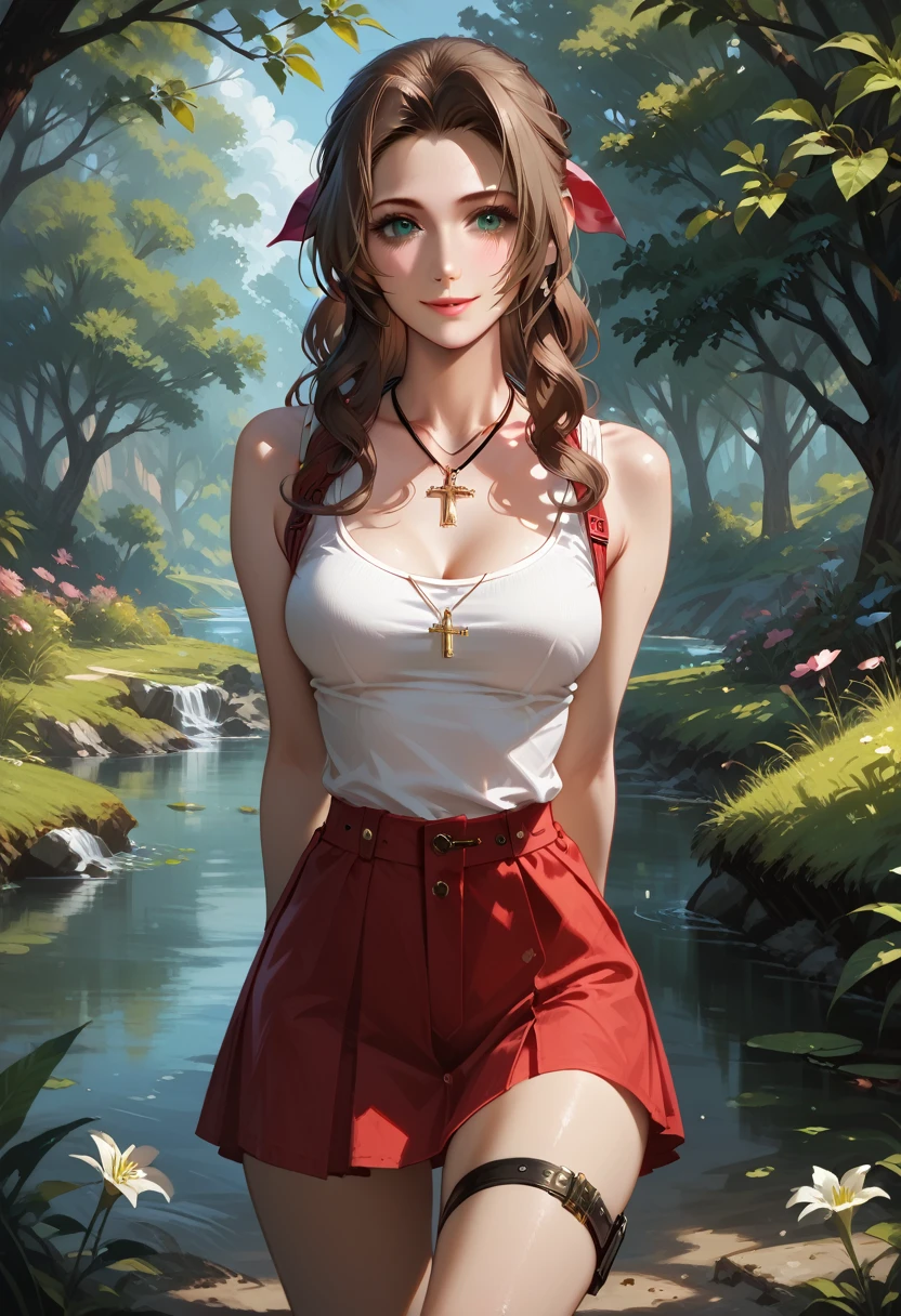 score_9, score_8_up, score_7_up, 1girl, solo, Aerith Gainsborough, 20 years old, tank top, hairclip, cross jewelry, suspender skirt, tall, skinny, narrow hips, seductive pose, thigh strap, arms behind back, medium breasts, affectionate gaze, light smile, (countryside crossroad:1.2), beautiful scene, highly detailed, detailed face, absurdres, 4k, masterpiece, best quality.