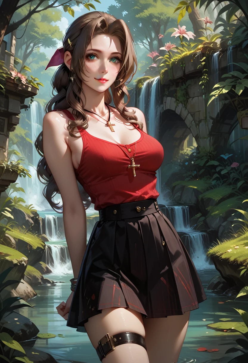 score_9, score_8_up, score_7_up, 1girl, solo, Aerith Gainsborough, 20 years old, tank top, hairclip, cross jewelry, suspender skirt, tall, skinny, narrow hips, seductive pose, thigh strap, arms behind back, medium breasts, affectionate gaze, light smile, (countryside crossroad:1.2), beautiful scene, highly detailed, detailed face, absurdres, 4k, masterpiece, best quality.