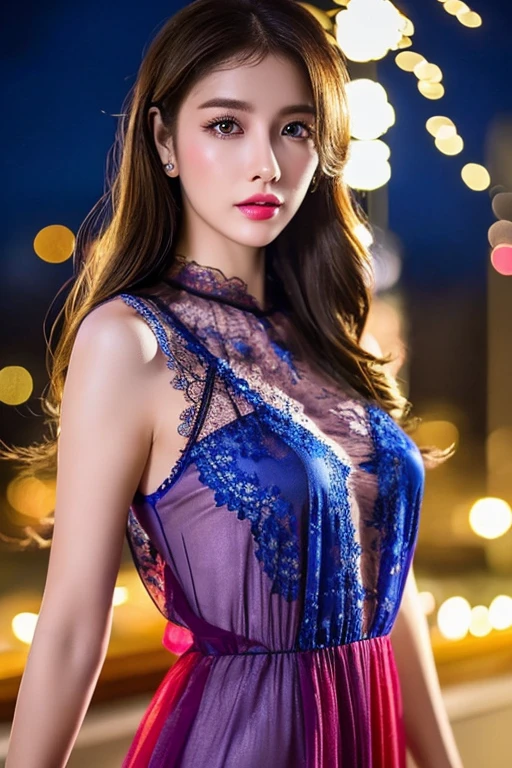masterpiece, best quality, a sexy mature women, red lips, (colorful),(finely detailed beautiful eyes and detailed face),cinematic lighting,bust shot,extremely detailed CG unity 8k wallpaper,wavy hair,solo,angry face,purple lace nightgown dress,((flying petal)), sky, cloudy_sky, building, moonlight, moon, night, (dark theme:1.3), light, fantasy,
