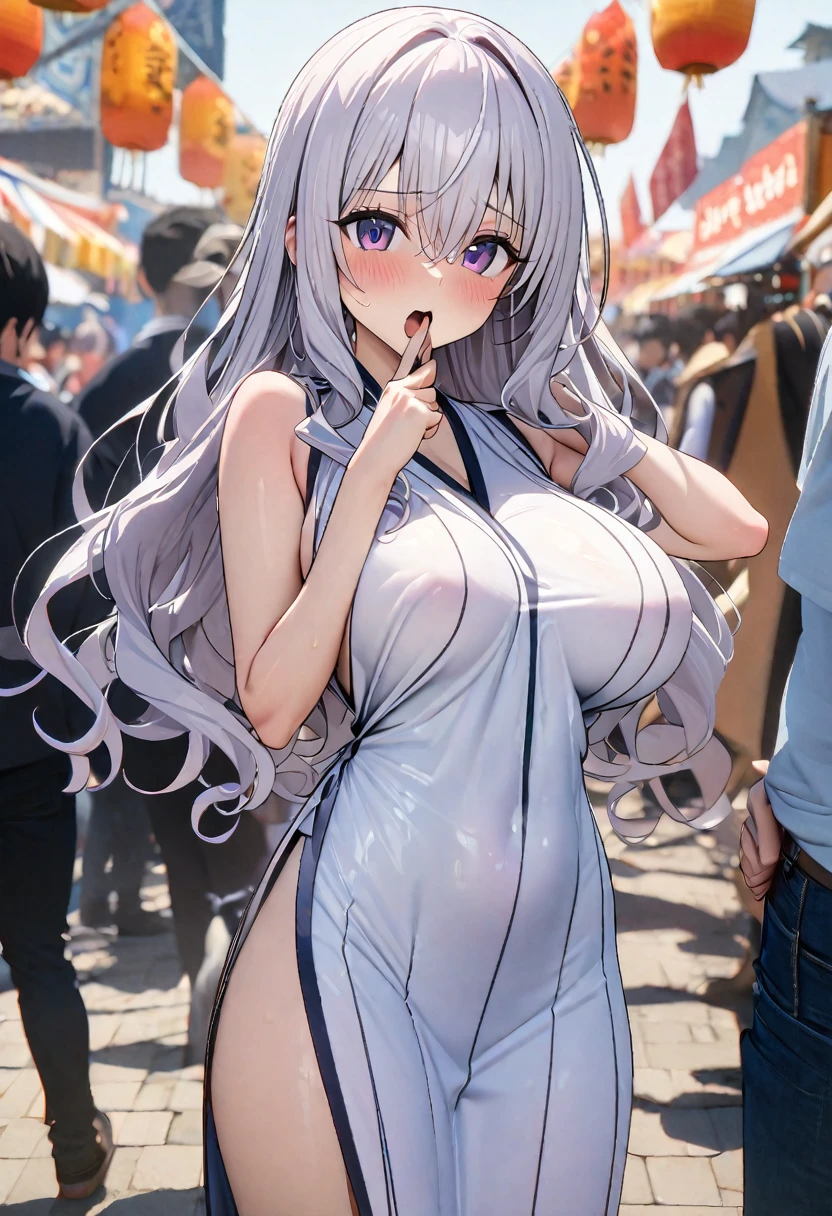 Illyasviel von Einzbern, white hair, red eyes, long hair, hair ornament, empty eyes, (large breasts:1.4) empty eyes , Walking, wearing nothing, big anime eyes, , shiny hair, bare-skin, navel, the groin, BREAK in front of convenience store, large breasts, blank look,　Nipples, nsfw, nipple , (Sweating profusely, Love juice, Wet Woman, female ejaculation), Flooding. sea. solo, Peeing, lactation, projectile lactation, crying