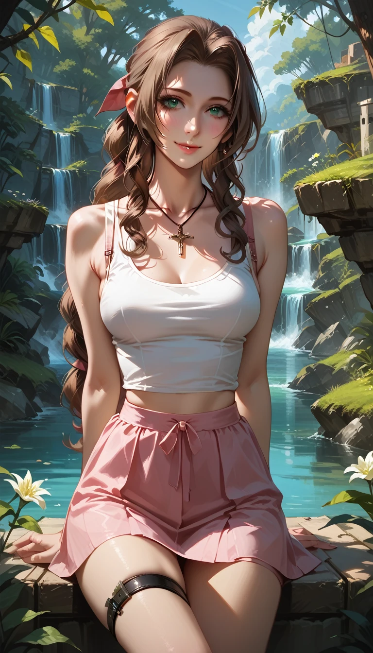 score_9, score_8_up, score_7_up, 1girl, solo, Aerith Gainsborough, 20 years old, tank top, hairclip, cross jewelry, suspender skirt, tall, skinny, narrow hips, seductive pose, thigh strap, arms behind back, medium breasts, affectionate gaze, light smile, (countryside crossroad:1.2), beautiful scene, highly detailed, detailed face, absurdres, 4k, masterpiece, best quality.