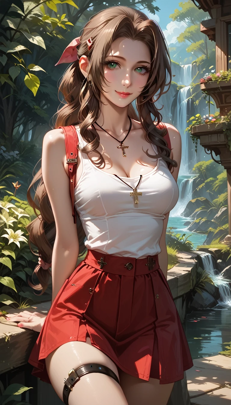 score_9, score_8_up, score_7_up, 1girl, solo, Aerith Gainsborough, 20 years old, tank top, hairclip, cross jewelry, suspender skirt, tall, skinny, narrow hips, seductive pose, thigh strap, arms behind back, medium breasts, affectionate gaze, light smile, (countryside crossroad:1.2), beautiful scene, highly detailed, detailed face, absurdres, 4k, masterpiece, best quality.