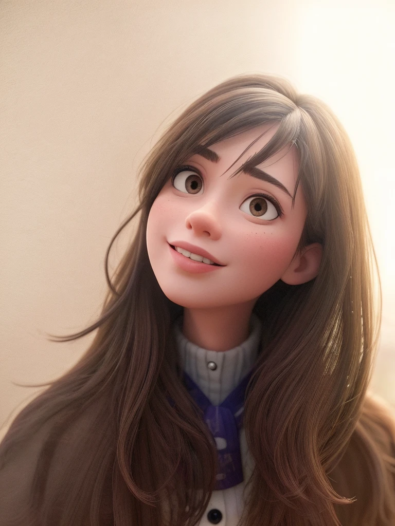Create an image of a woman with straight brown hair, of medium length, slightly below the shoulders. She has a friendly smile with white teeth, fair skin and brown eyes. She is wearing a burgundy blouse and a delicate necklace with small spherical pendants.. Her makeup is soft, with defined eyelashes and neutral lipstick. Your eyebrows are well defined and proportionate. The background is simple and blurry, suggesting an internal environment.