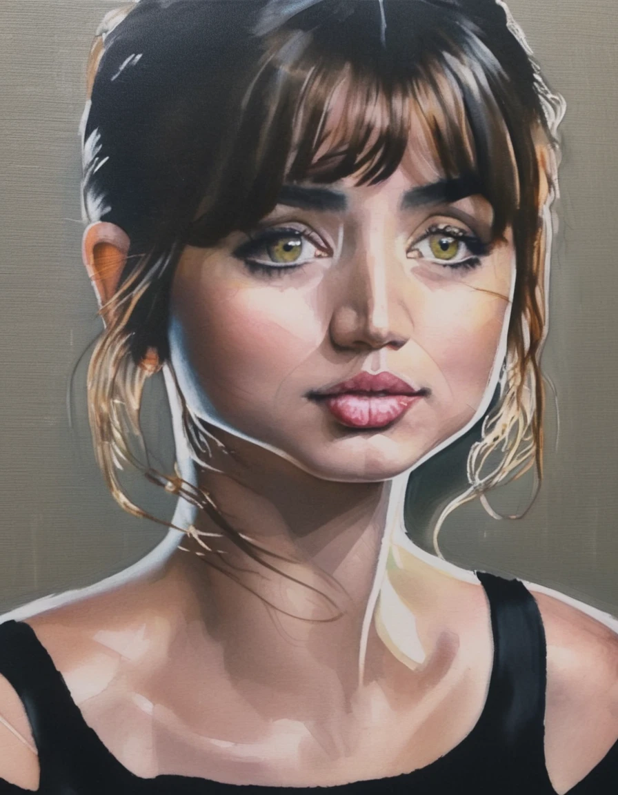 art style by jun-hun-sun ,  looking at front beautiful women looking in front, zoom view, high details in the acrylic painting, watercolour painting, background dark, high realistic details in the painting, read and black dress, face beautiful bangs and sharp details on face