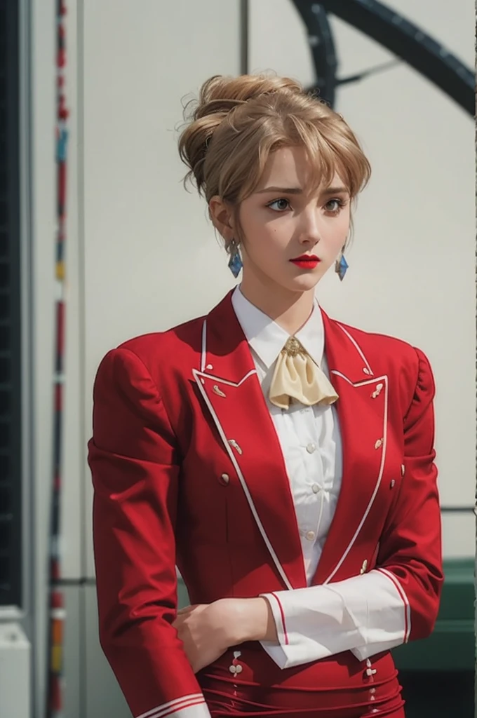 Realism, UHD, masterpiece, accurate, textured skin, anatomically correct, high details, high quality, Simple Background , One girl, Cowboy Shot, Folded ponytail, short hair, Long sleeve, Red jacket, White shirt, Earrings, Ascot, brooch, Red jacket, Red pencil skirt, Red lips,