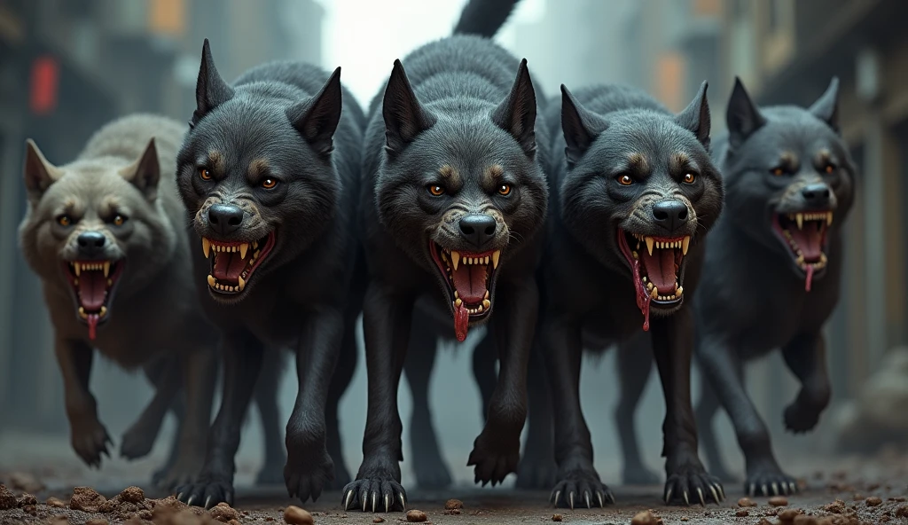 "Create an ultra-realistic and fearsome depiction of Cerberus, the three-headed guard dog of the Greek underworld. Cerberus is portrayed as a massive, muscular beast with three snarling, ferocious heads, each displaying rows of sharp, glistening teeth and glowing red eyes. His fur is dark and matted, giving him a wild and untamed appearance. Each head has a unique expression of rage and aggression, with saliva dripping from their open jaws, ready to attack any who dare approach. His powerful body is covered in scars, a testament to countless battles, and his paws are massive, with claws that dig deep into the ground. Around his necks are chains, broken and dangling, symbolizing his captivity to the underworld. The background is a dark, eerie landscape of the underworld, with a river of souls in the distance and the shadowy gates of Hades behind him. The atmosphere is tense and filled with dread, with the ground beneath Cerberus cracked and scorched by his presence. The overall scene captures the terrifying role of Cerberus as the relentless guardian of the realm of the dead, ensuring no soul escapes and no mortal intrudes."
