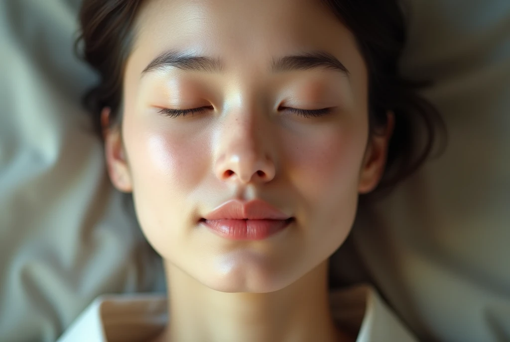 Happy lady, white skin, wearing full opened white button shirt, bun hair, cleavage, portrait, sleeping