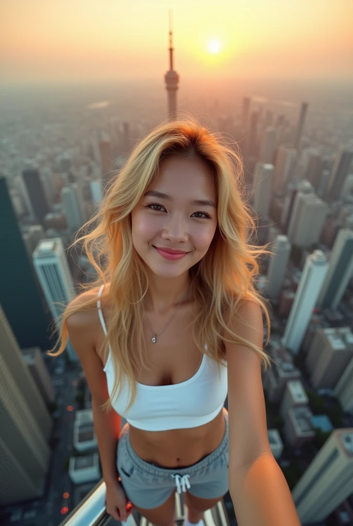 Generate a high-resolution, photorealistic image of a beautiful young Thai woman with blond hair and a bodybuilder physique. The woman is standing in front of a backdrop of a modern cityscape. She is wearing a form-fitting white outfit that shows off her muscles and her large breasts. Her hair is blowing in the wind. She is smiling and looking directly at the camera. The image should be taken with a high-quality camera, well-lit, and free of any distortions. The image should capture the strength and beauty of the woman in a way that is both realistic and inspiring. --auto