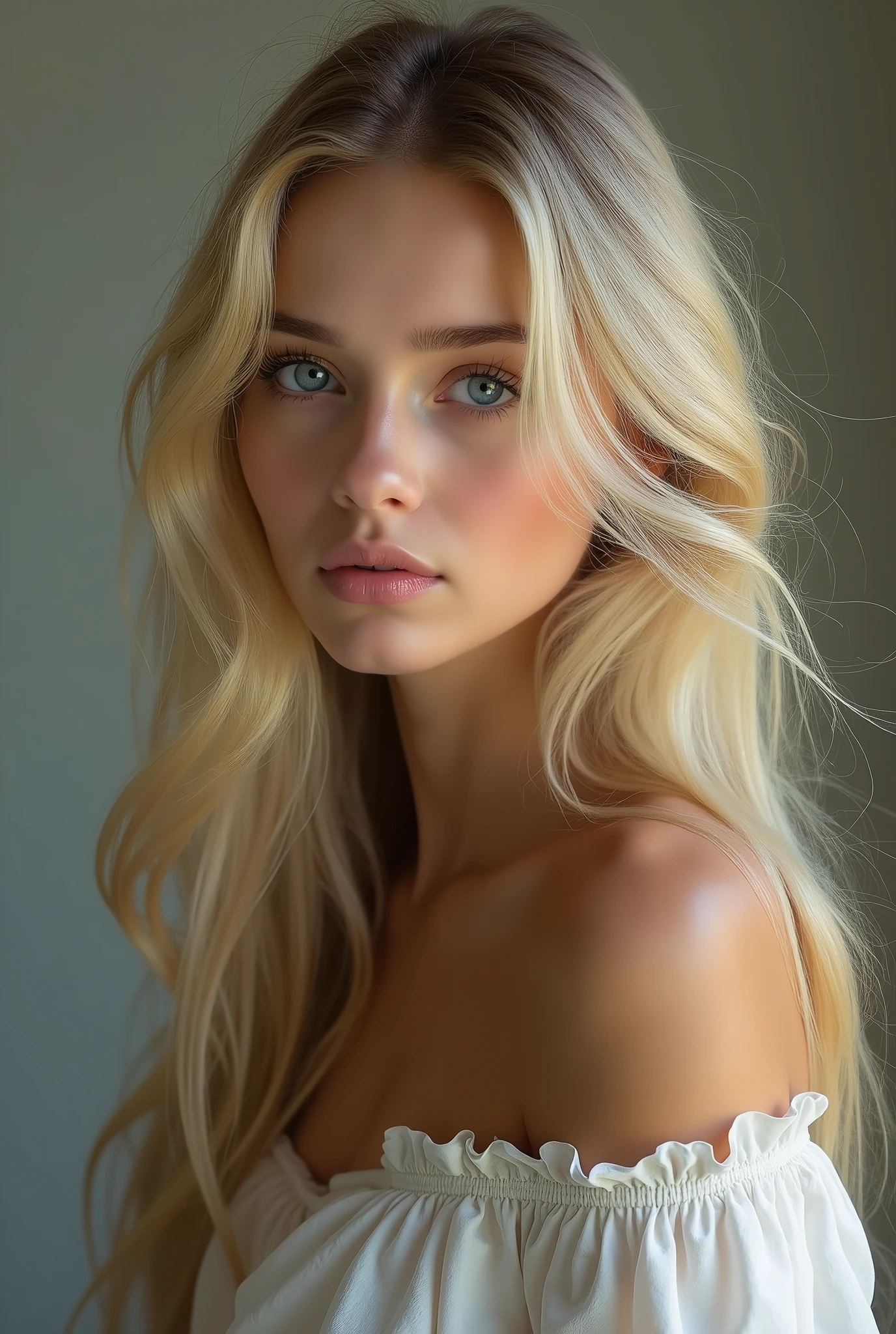 Photo of a 20-year-old European girl, raw, Beautiful woman, (Extra long wavy blonde hair), ((Portrait)), ((Detailed face:1.2)), ((detailed facial features)), (finely detailed skin), pale skin, , wrapped in a sheet, Bedroom environment, Lying on the bed, (cold color), moist, moist, Reflectors, (masutepiece) (perfectly proportions)(photos realistic)(Best Quality) (Detailed) photographed in a Canon EOS R5, 50mm Lens, F/2.8, nffsw, (8K) (Wallpaper) (Cinematic lighting) (Dramatic Lighting) (foco nítido) (Convoluted) Fashion, From above