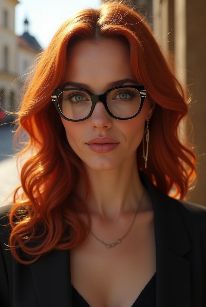 redhead model with generous breasts wearing a feminine overcoat in front of the louvre, wearing glasses
