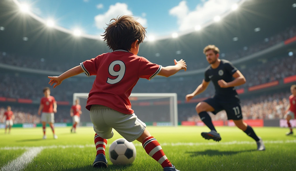 Eduardo Jr, , is playing soccer with his friends on a soccer field. His team is called Barra Unico FC and on the field there is an emblem on the ground with the logo and name of the team. In this photo, this boy is kicking the ball towards the goal and scoring a goal in the corner. Eduardo Jr is white with black hair and a mohawk haircut., UHD