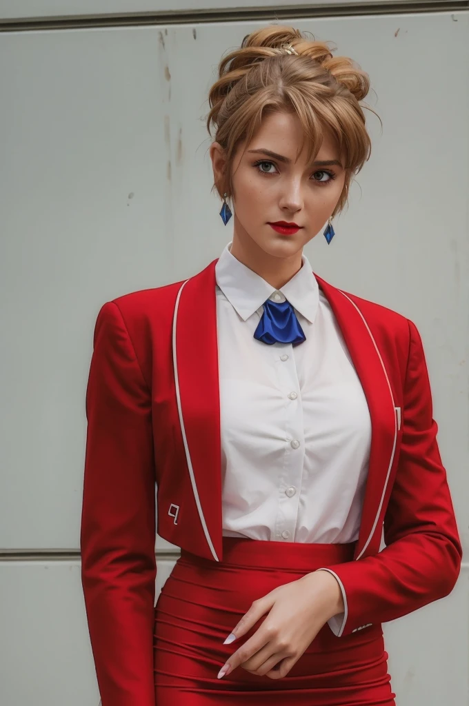 Realism, UHD, masterpiece, accurate, textured skin, anatomically correct, high details, high quality, Simple Background , One girl, Cowboy Shot, Folded ponytail, short hair, Long sleeve, Red jacket, White shirt, Earrings, Ascot, brooch, Red jacket, Red pencil skirt, Red lips,