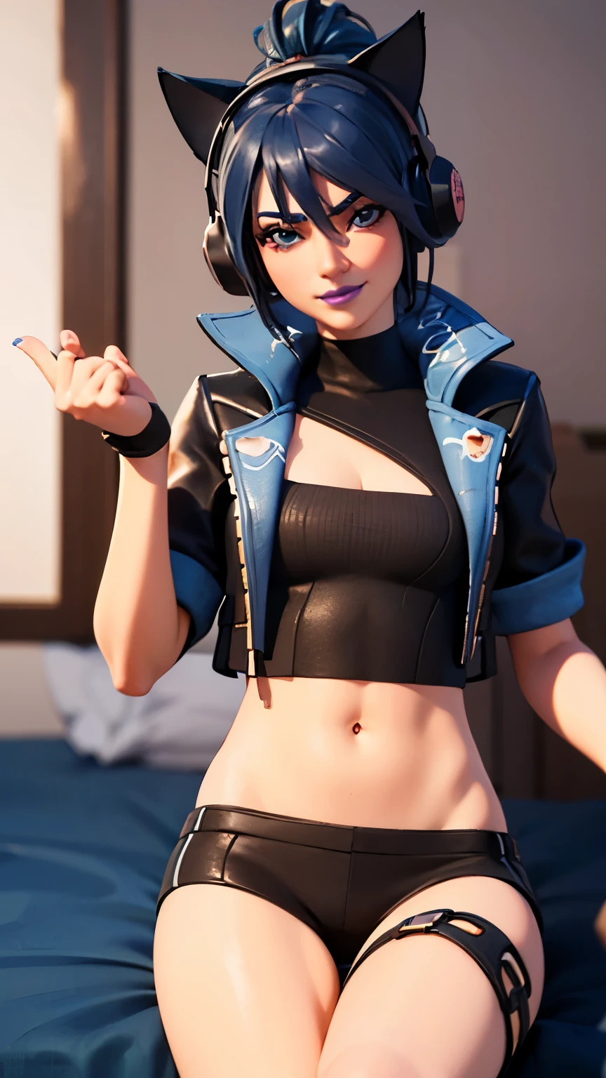 SplitScreen, split screen, Lying on bed, 2D, 1girl, blue hair, ponytail, short hair, blue eyes, eyeshadow, (blush:1.1),heart, (speed lines:1.1),medium breasts, love, heart, black jacket, jacket crop top, navel, cat ears headphones, black crop top, black top, purple lips, angry, smile, looking at viewer, facing viewer, pov, 1boy, missionary, pov chest, girl legs split,