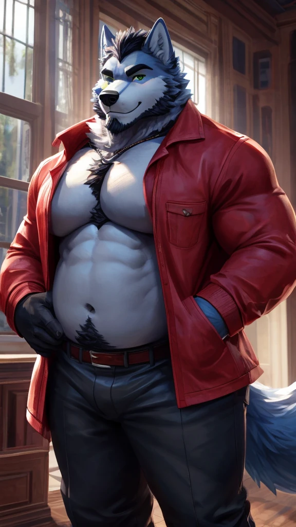 ((Ultra High Quality)), ((masterpiece)), ((Ultra detailed)), ((4k)).

Solo, Male , Anthro , Wolf , Handsome Anthro Wolf  , Light Blue Wolf , Light Blue Fur , Black Short Hair , Black Beard , Handsone , Good Looking , Green Eyes ,(Eyes Details), Adult Ages , Huge big Pecs  , Overweight , Clothing , Wear Red Jacket, Long pants , Black Gloves , Cool Pose , Skirk , Left side ,