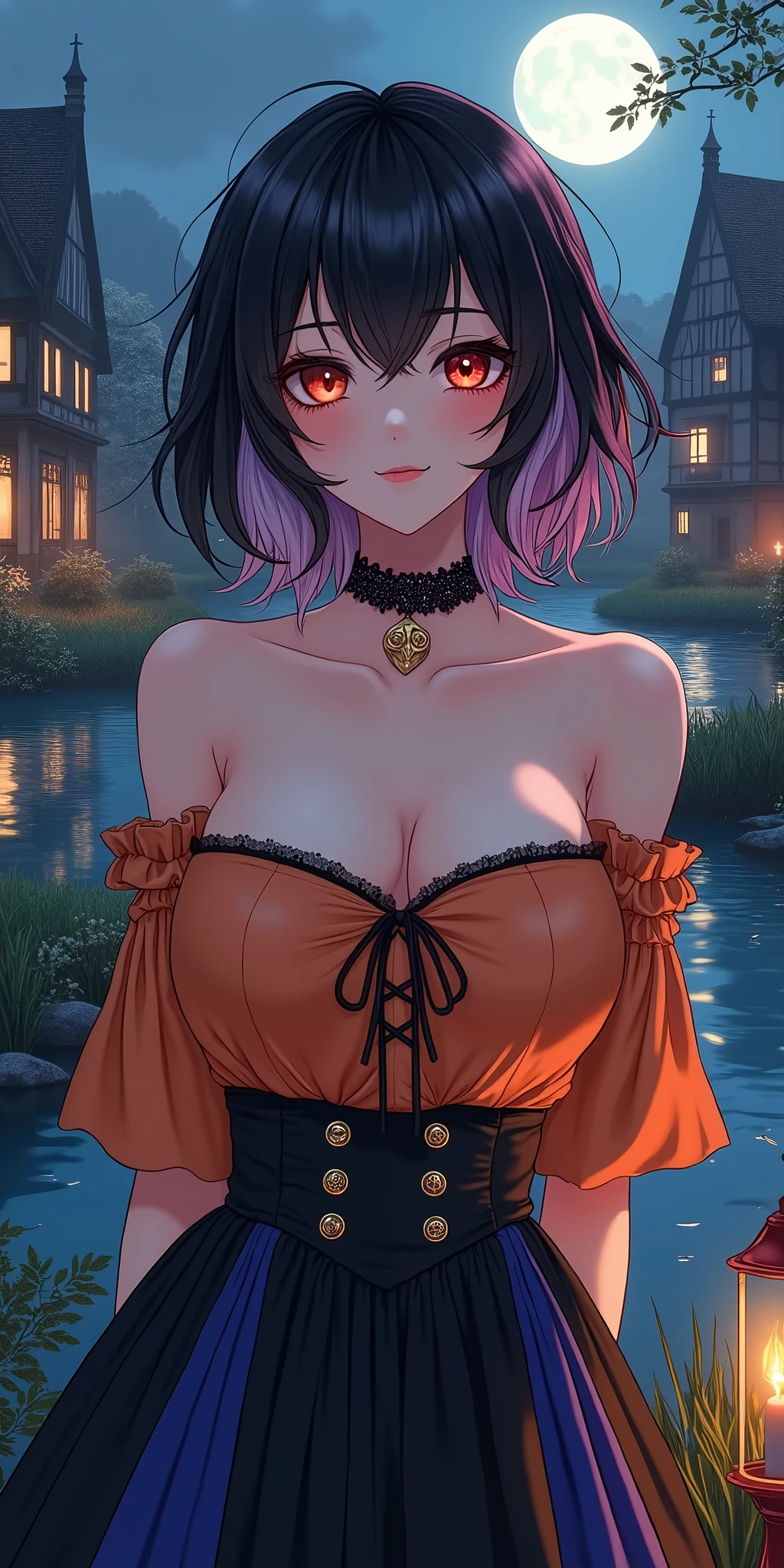 in 8K、top-quality, Ultra-Detailed, Ambient Light, Backlighting, Realistic Shadows, Glowing Particles, Light Particles, Digital Art, Detailed Face, Detailed Hair, (Hyper-Detailed Eyes:1.2), Soft Light, Soft Lighting,、​masterpiece、ultra-detailliert、Ultra-high resolution、Anime style、One Witch、witch's hat、black cat、natta、fullmoon、a short bob、makeup、eyeshadows、red lipsticks、a necklace、A bracelet、anklets、manicure、Red high heels、Red face、Smile bewitchingly, beautiful detailed eyes, sparkling eyes, alluring face and .