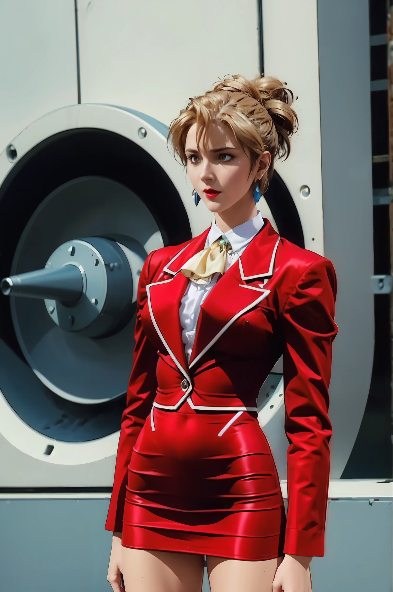 Realism, UHD, masterpiece, accurate, textured skin, anatomically correct, high details, high quality, Simple Background , One girl, Cowboy Shot, Folded ponytail, short hair, Long sleeve, Red jacket, White shirt, Earrings, Ascot, brooch, Red jacket, Red pencil skirt, Red lips,