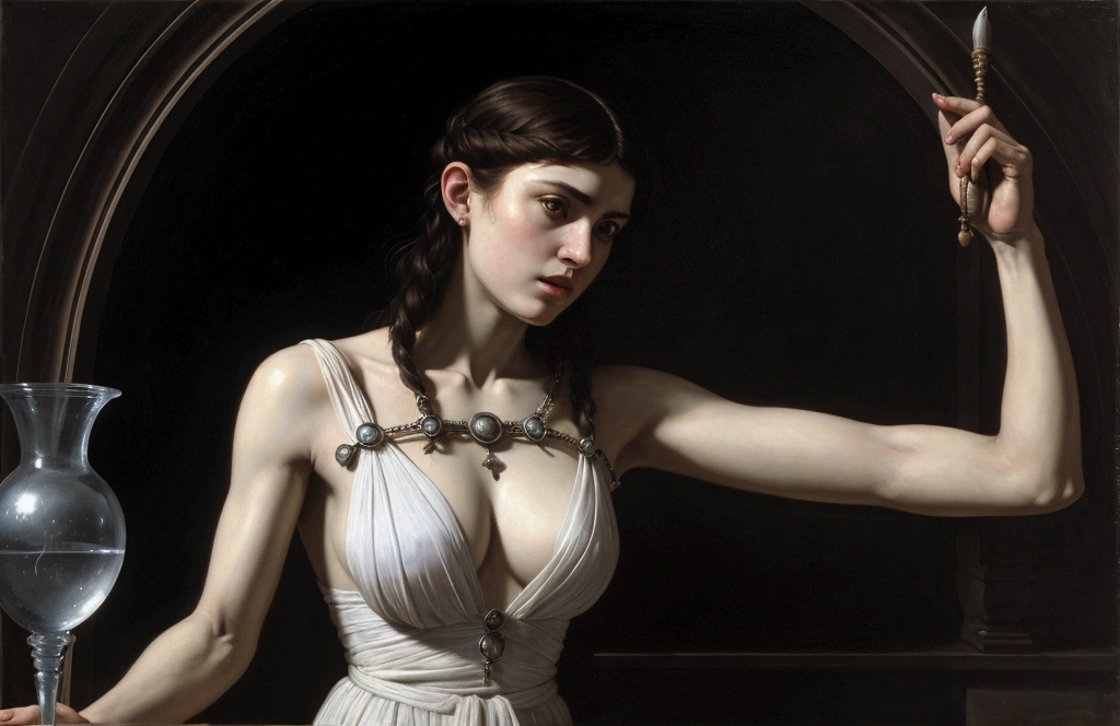 caravaggio lighting; high contrast; hyper-realism; surrealism art; Circe with rage; crafting a potion; Godess; mistery; strenght; beautiful women; ; beautiful white transparent dress showing some woman chest; greek mythology; john william waterhouse