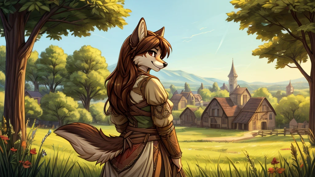 (very detailed illustration: 1.2), best quality, masterpiece, solo, natural lighting, An young female anthro wolf with dark brown fur, she has brown eyes and dark brown hair, she is dressed in archer clothing from the medieval era, she is in an open field, on his sides there are trees and behind her is a village from the medieval era, she is smiling while she has her bow and arrows on her back.