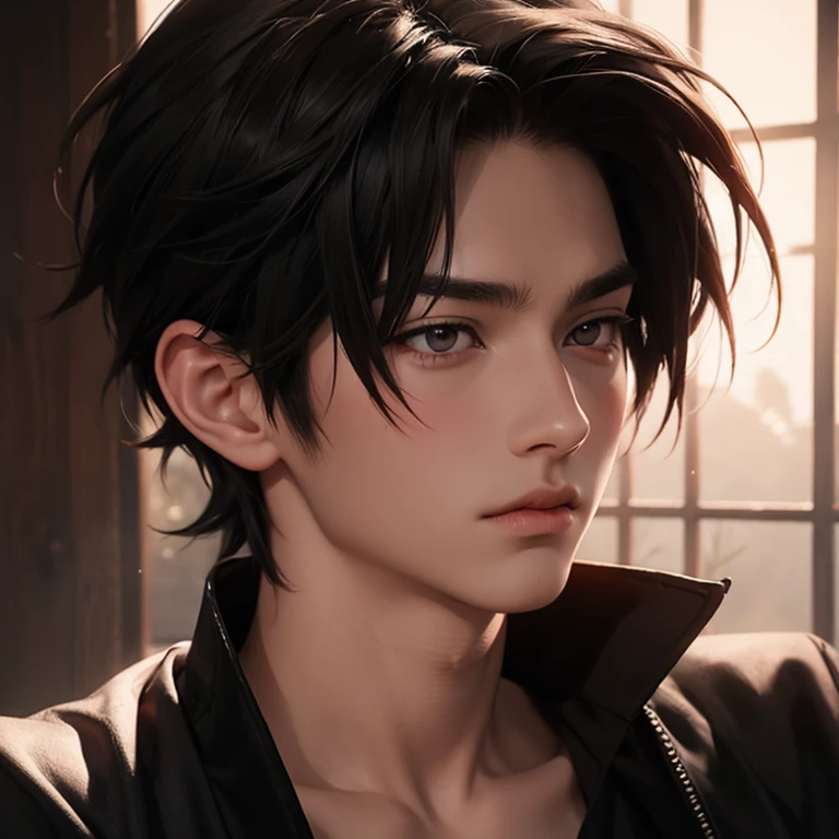 Young boy with handsome face, short red hair, Japanese haircut, gray eyes, long eyelashes, black collar, Japanese schoolboy outfit, behind broken glass, red liquid, sad expression, ultra-detailed, in shadow, scar, alone, demon shadow looming on wall.