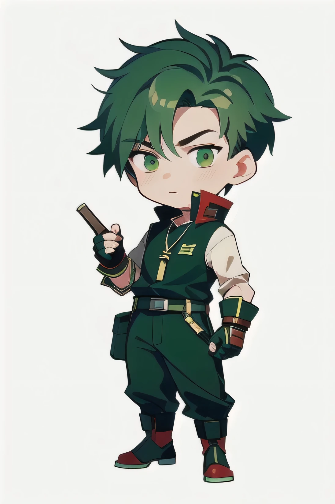 Concept Art, Original character design, Q version characters, 1 boy, Male focus, Solitary, Red Cliff, Green Hair, Police Uniform, Gloves, fingerless Gloves, White background, Jewelry, Green Eyes, Pants,  whole body, Simple background, necklace, Brown eyes, shoe,